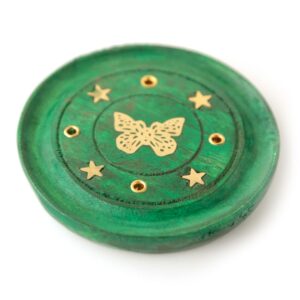 Drewniana okrągła podstawka na kadzidełka motyl 7cm zielona