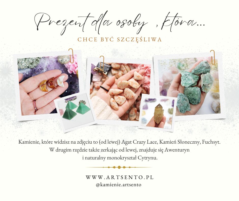 Świąteczny zestaw kamieni na szczęście: Agat Crazy Lace, Kamień Słoneczny, Fuchsyt, Awenturyn i naturalny monokryształ Cytrynu - prezent dla osoby, która chce być szczęśliwa.