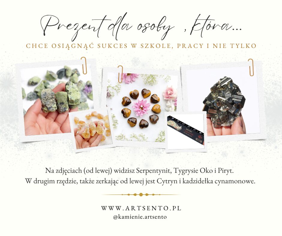 Zdjęcie przedstawia grafikę, na której znajduje się pięć inspiracji, które polecam na prezent. To serpentynit, tygrysie oko, piryt, zawieszka z surowego cytrynu oraz kadzidła cynamonowe