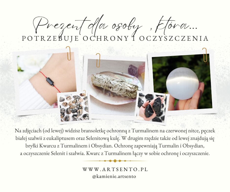 Świąteczny prezent ochronny z turmalinem, obsydianem, białą szałwią i kulą selenitową - idealny dla osób wrażliwych energetycznie
