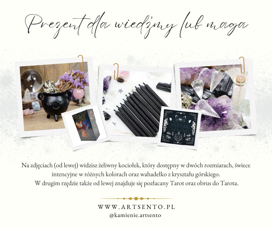 Zdjęcie przedstawia grafikę, na której znajdują się pięć inspiracji, które polecam na prezent. To żeliwny kociołek, czarne świece intencyjne, obrys do tarota, karty tarota oraz wahadełko z kryształu górskiego.