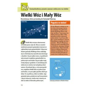 Strona z książki przedstawiająca gwiazdozbiory Wielki Wóz i Mały Wóz z opisem, ilustracjami i wskazówkami do obserwacji nieba
