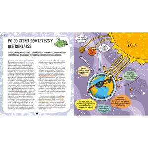 Strona z książki tłumacząca rolę atmosfery jako ochronnej warstwy Ziemi – z kolorowymi ilustracjami i dialogami planet