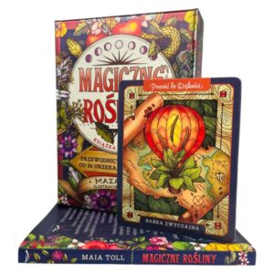 Magiczne Rośliny" autorstwa Mai Toll – książka, kolorowa karta z ilustracją balona unoszącego się nad mapą, podpisana "Babka Zwyczajna" i hasłem "Powrót do dzikości"