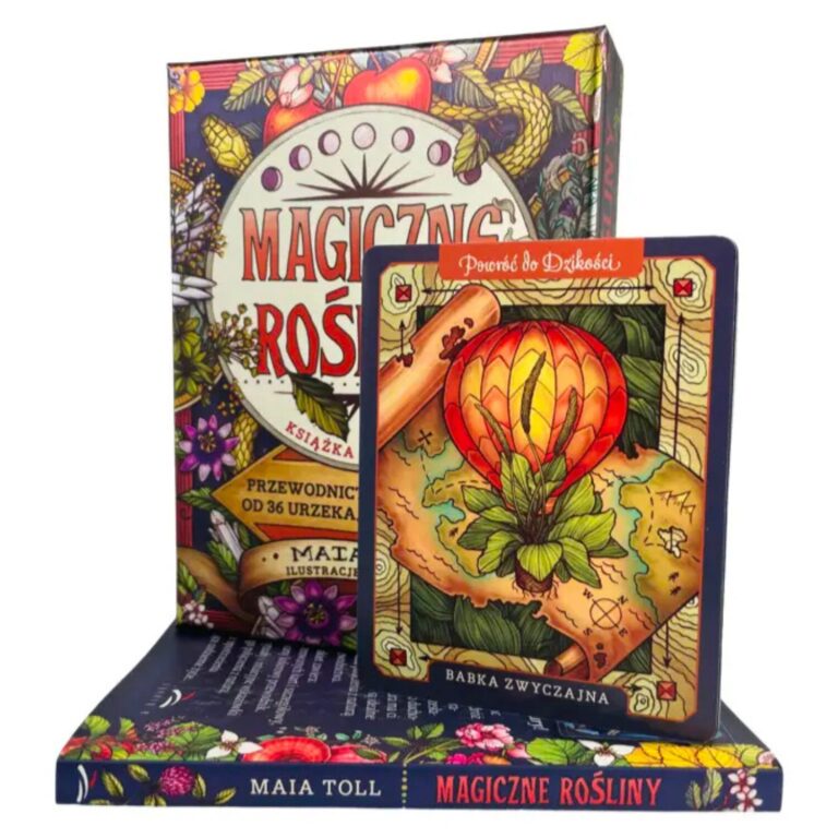 Magiczne Rośliny" autorstwa Mai Toll – książka, kolorowa karta z ilustracją balona unoszącego się nad mapą, podpisana "Babka Zwyczajna" i hasłem "Powrót do dzikości"