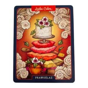 Karta z talii Magiczne Rośliny - "Prawoślaz" z napisem "Łyżka cukru". Kolorowa ilustracja z motywem ciasta, poduszek, kwiatów i słodkich chmur w ciepłych, pastelowych tonach.