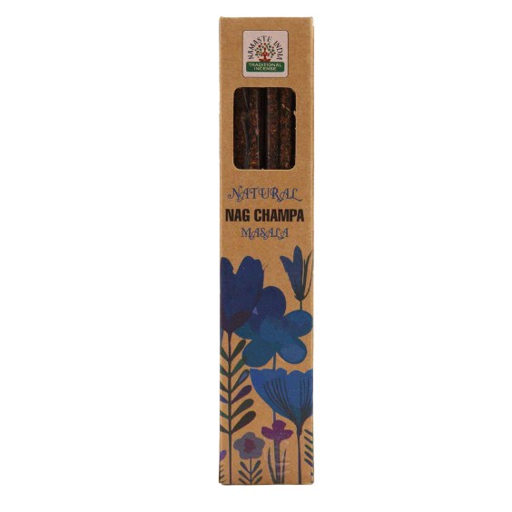 Opakowanie naturalnych kadzidełek botanicznych Masala o zapachu Nag Champa marki Namaste India z motywem niebieskich kwiatów