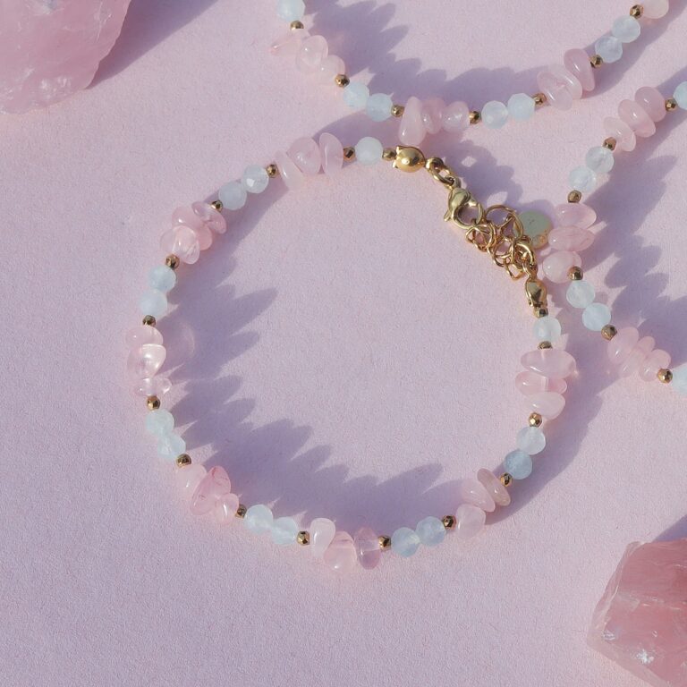 Delikatna bransoletka z akwamarynem i kwarcem różowym srebro próby 925