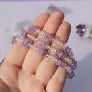 Naturalne koraliki z ametystu i kryształu górskiego w bransoletce - fioletowe kamienie szlachetne srebro